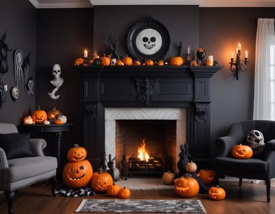 Halloween decorations in a cozy living room setting