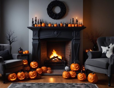 Cozy halloween fireplace with carved pumpkins and candles