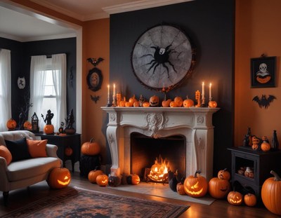 Halloween decorations fill cozy living room with pumpkins