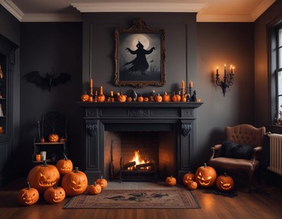 Cozy halloween decor with carved pumpkins and candles