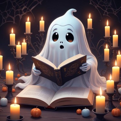 Friendly ghost reading in a candlelit atmosphere