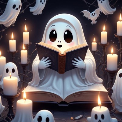 Cute ghost reading under candlelight in spooky setting