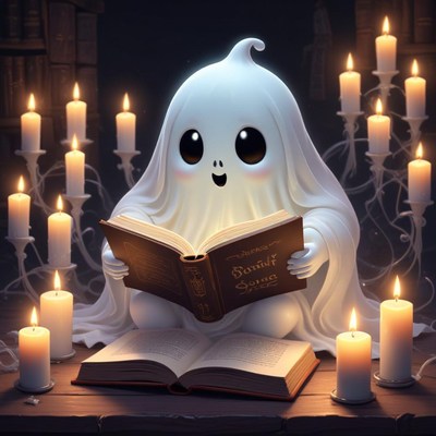 Friendly ghost reading a book by candlelight
