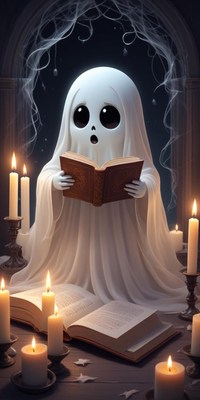Ghost reading a book surrounded by candles at night