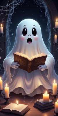 Ghost reading a spellbook in a dark candlelit room