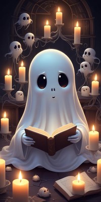 Friendly ghost reading in a candlelit room