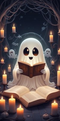 Cute ghost reading a book in a candlelit setting