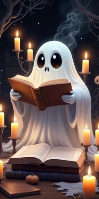 Friendly ghost reading a book among glowing candles