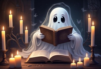 Friendly ghost reading a book in a dimly lit room
