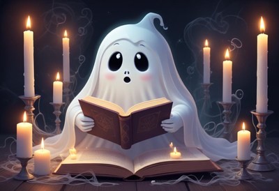 Friendly ghost enjoys reading by candlelight