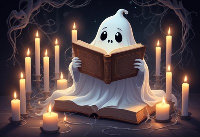 Ghost reading a book surrounded by candles at night