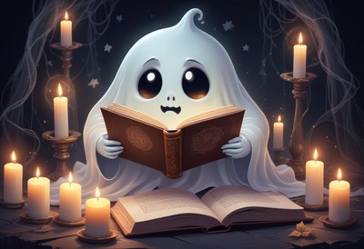 Friendly ghost reading surrounded by candles in a dark room