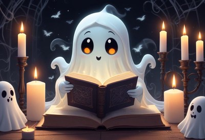 Friendly ghost reading with candles and spooky friends