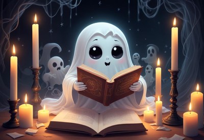 Cute ghost reading a book surrounded by candles and spirits