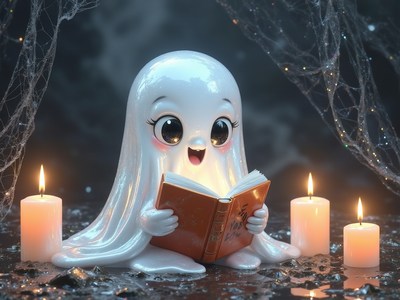 Cute ghost reading a book surrounded by candles