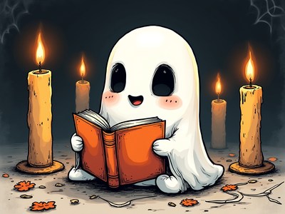 Cute cartoon ghost reading a book by candlelight