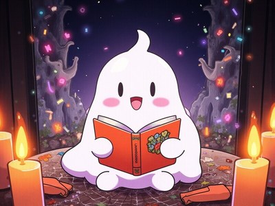 Cute ghost enjoying story time with candles at night