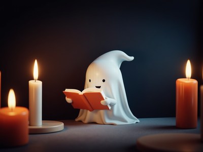 Ghost reading a book in candlelight at night