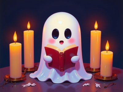 Cute ghost reading a book by candlelight