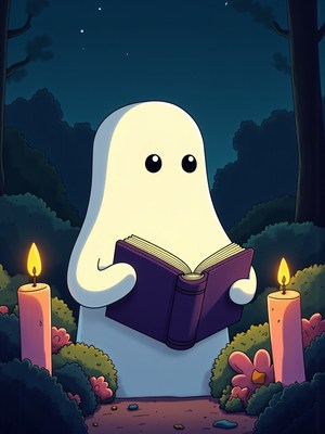 Ghost reading a book in a candle-lit forest at night