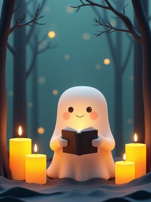 Cute ghost reading a book in a spooky forest scene