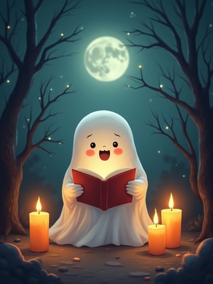 Friendly ghost reading a book under the moonlight
