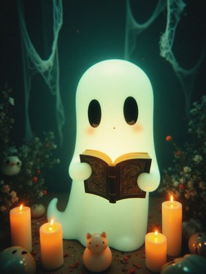 Friendly ghost reading a book among glowing candles