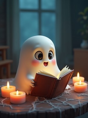 Ghost reading a book by candlelight in a cozy room