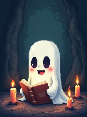 Happy ghost reading a book by candlelight in a cave