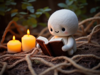 Cute plush figure reading near flickering candles