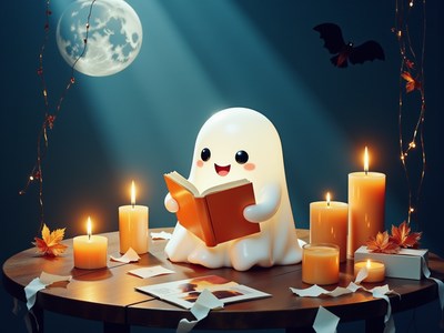 Cute ghost reading a book in a cozy room at night