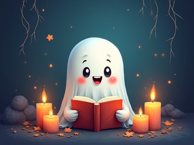 Happy ghost enjoying a spooky story by candlelight