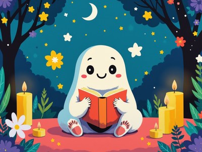 Nighttime reading with a cozy character in a magical forest