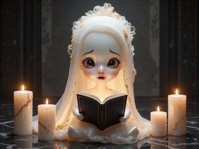 Ceramic doll reading in soft candlelight setting