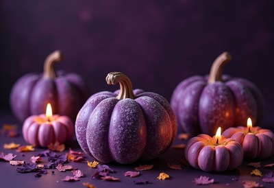 Purple pumpkins and candles create a cozy autumn scene