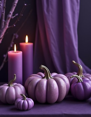 Elegant purple pumpkins and candles create a cozy scene