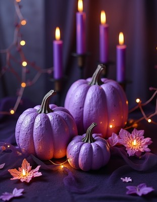 Purple pumpkins and candles create a cozy autumn scene
