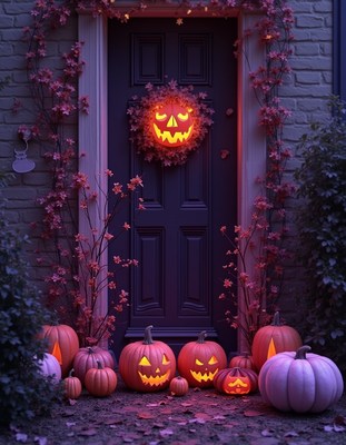 Halloween decorations with glowing pumpkins at the door