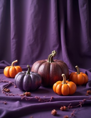 Colorful pumpkins arranged on purple fabric backdrop