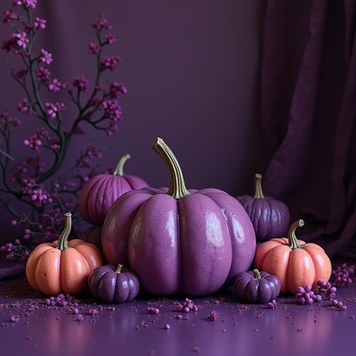 Purple pumpkins displayed on a purple background in autumn