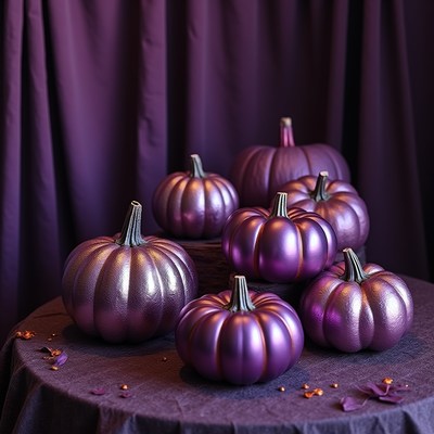 Unique purple pumpkins on a dark table for autumn decor