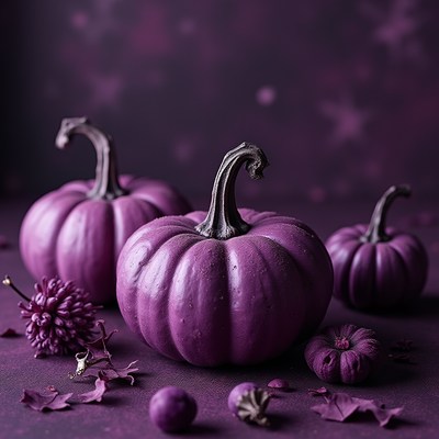 Purple pumpkins on a dark backdrop for decor