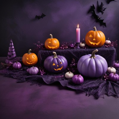 Halloween decorations with pumpkins and candles on table