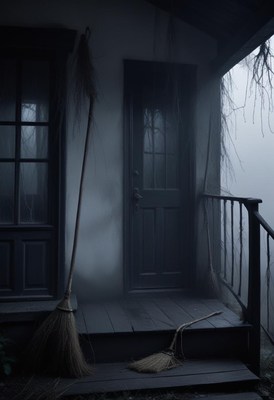 Dark and eerie porch with a broom in the fog