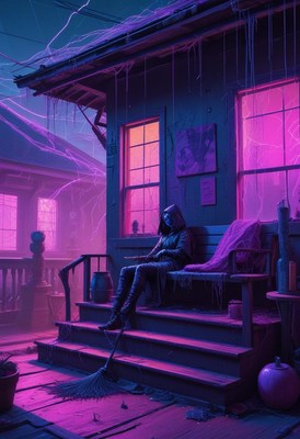 Mysterious figure relaxing on a porch during a stormy night