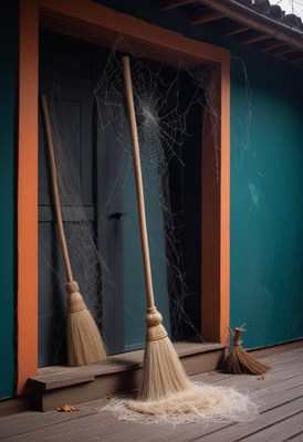 Brooms resting near a rustic door with spider webs