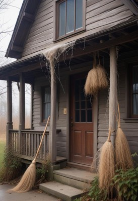 Brooms and a foggy porch in a rustic wooden house