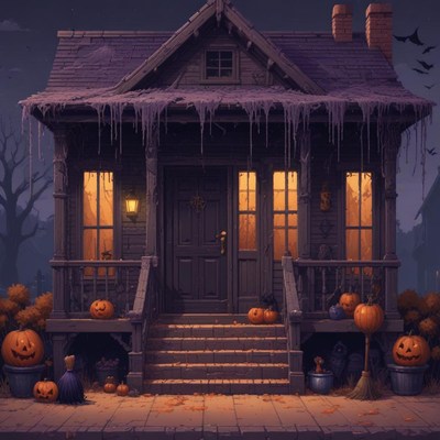 Spooky halloween house with pumpkins at twilight