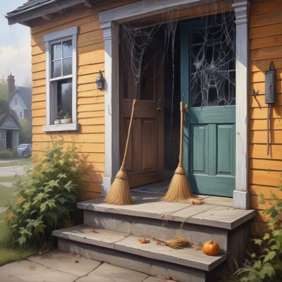 Fall dÃ©cor at a quaint home entrance with spooky touches