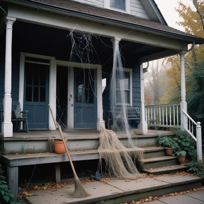 Creepy old house with spider webs and yard tools